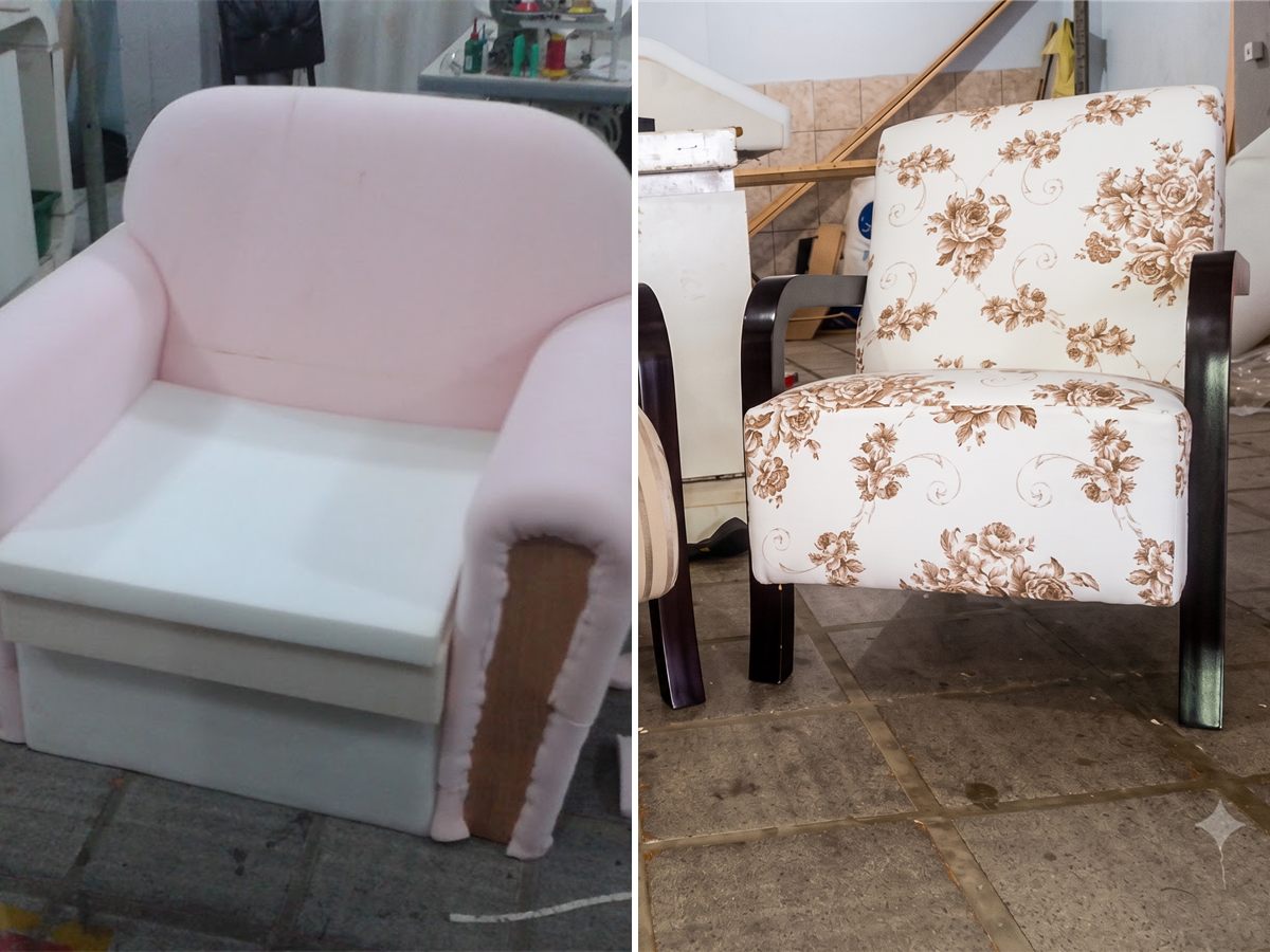 Colagem: poltrona na fase de espuma na oficina e a mesma poltrona pronta com tecido floral